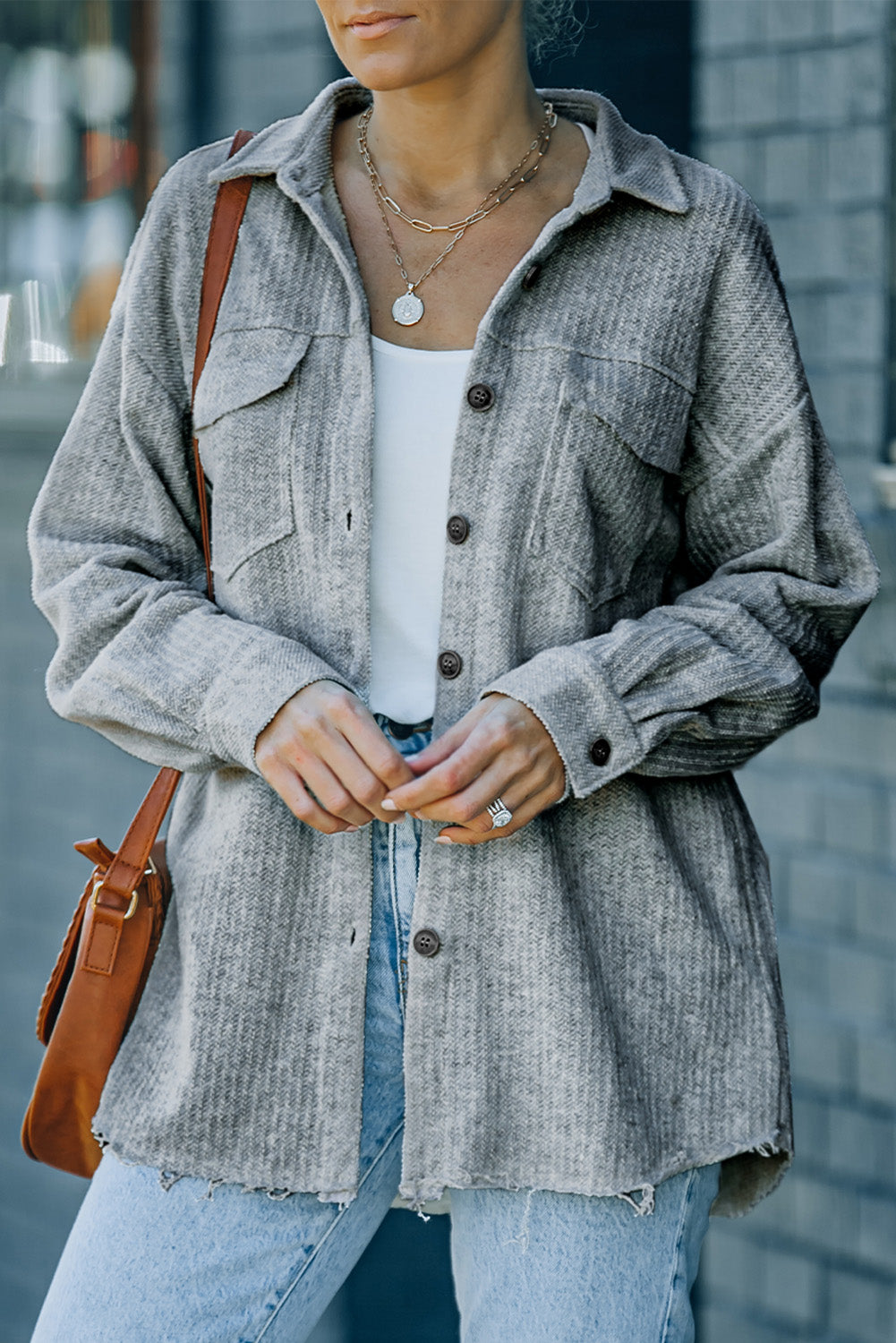 Textured Button Down Shirt Jacket with Pockets