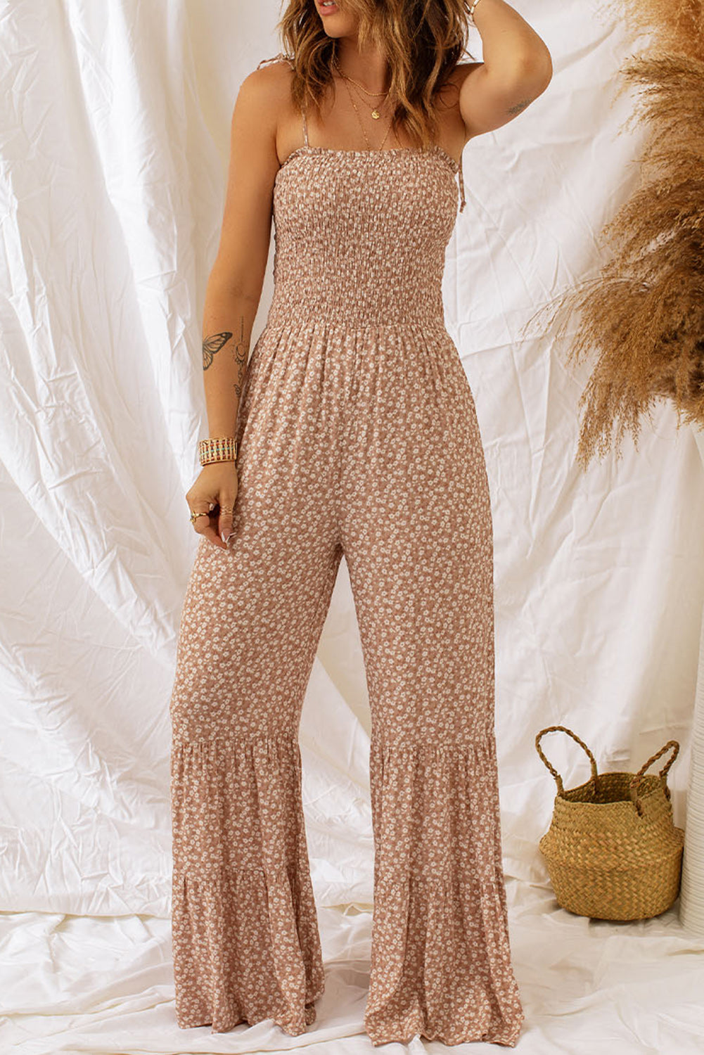 Floral Spaghetti Strap Smocked Wide Leg Jumpsuit